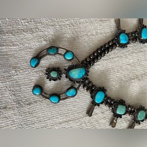 VNTG 925 Sterling Silver Southwestern Navajo Turquoise Squash Blossom Necklace